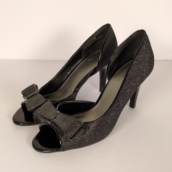 Impo Shoes - IMPO VTG‎ Black Heels SZ 7 Patent Leather Glitter Open Toe Bow Accent Pumps